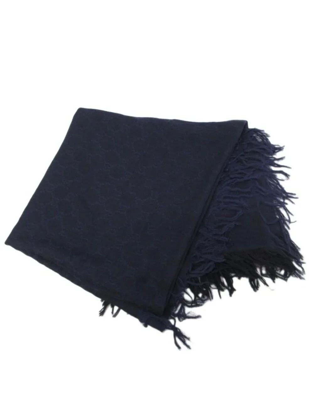 Gucci GG Pattern Scarf Shawl Fringe All Over Cotton Blue Black